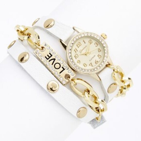 NWOT Geneva Platinum White & Gold 'Love' Rhinestone Wrap Bracelet Watch - Picture 1 of 8